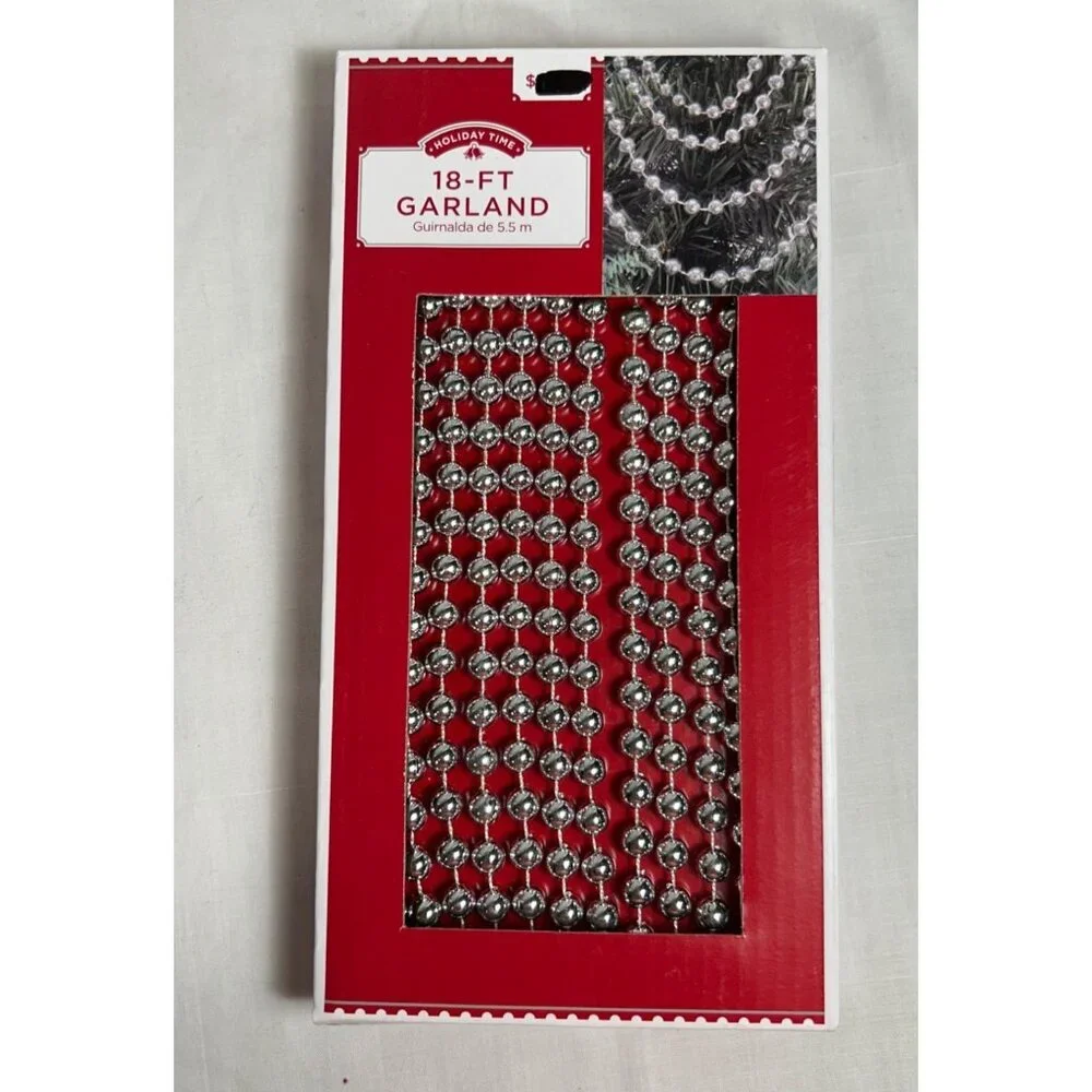 18 Ft Garland Silver Plastic Beaded Decoration String Christmas Tree Decoration